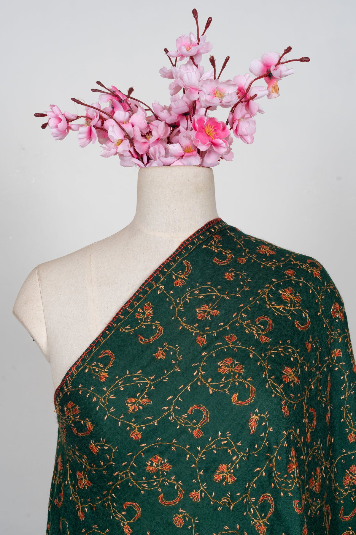 Emerald Heritage Bloom: Merino wool 2.5 Yards Sozni Hand Embroidered Shawl