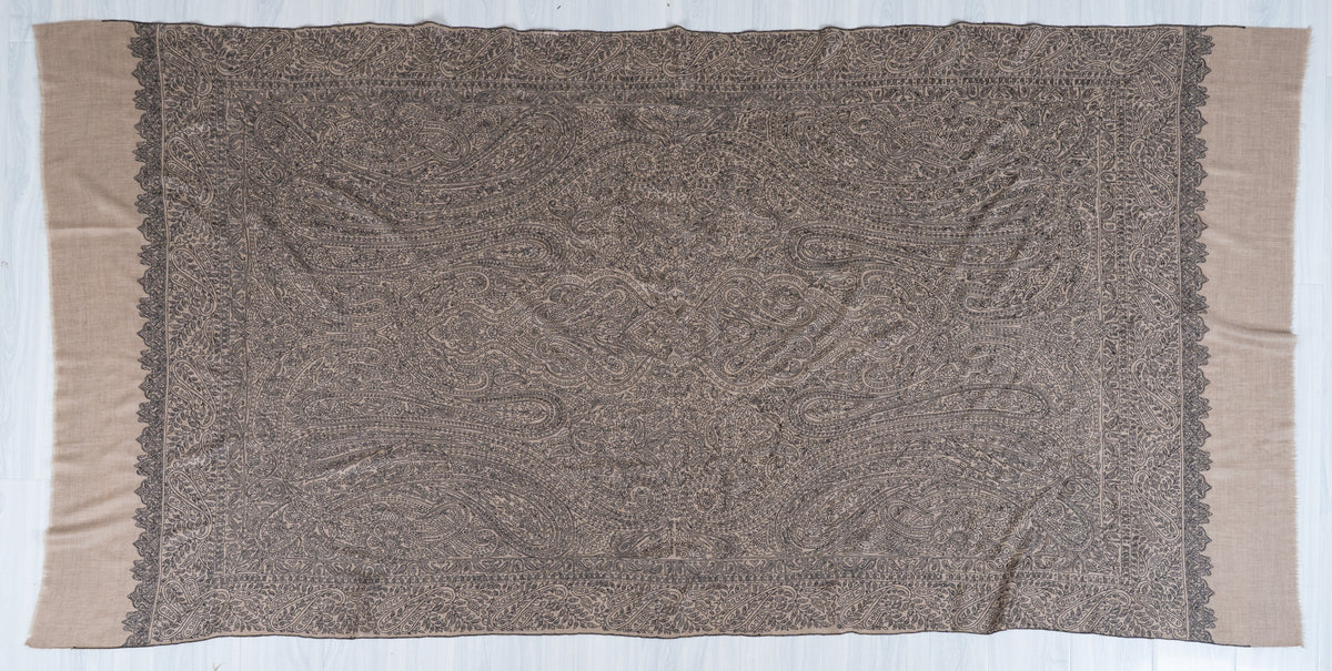 2.5 yards Pure Pashmina Shawl with Sozni Hand Embroidered Paisley Tapestry