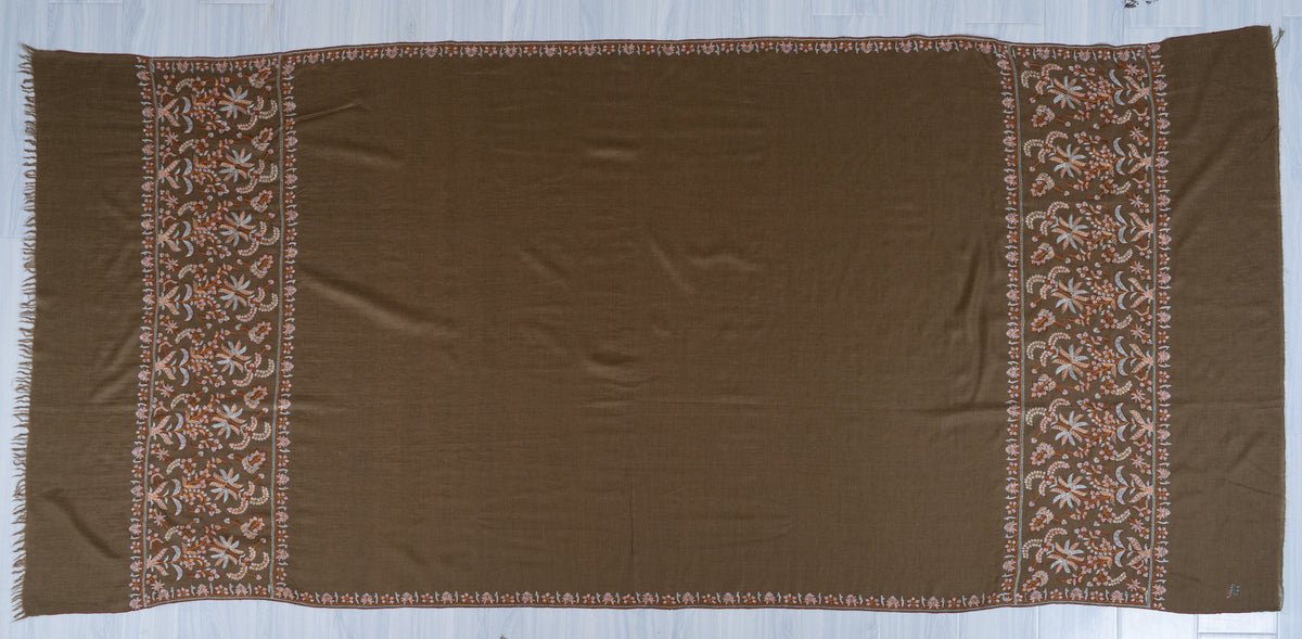 2.5 Yards Pure Pashmina Shawl with Sozni Hand Embroidered Floral Borders