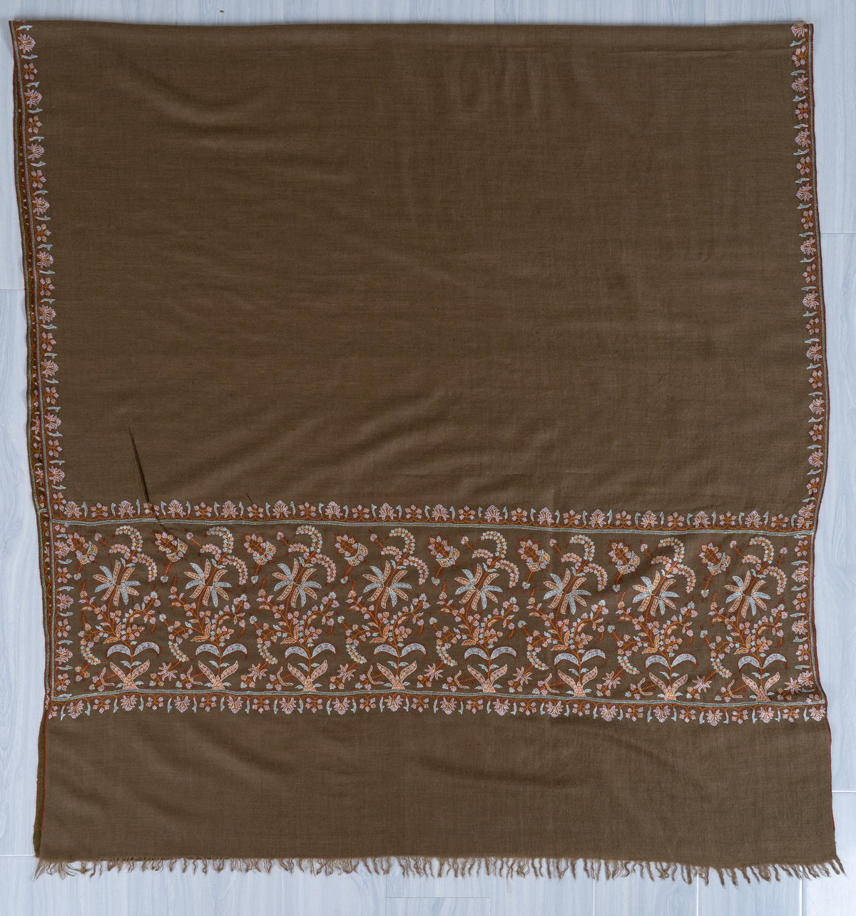 2.5 Yards Pure Pashmina Shawl with Sozni Hand Embroidered Floral Borders