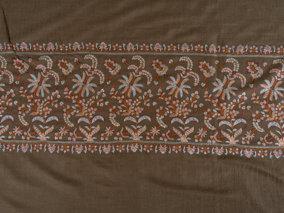 2.5 Yards Pure Pashmina Shawl with Sozni Hand Embroidered Floral Borders