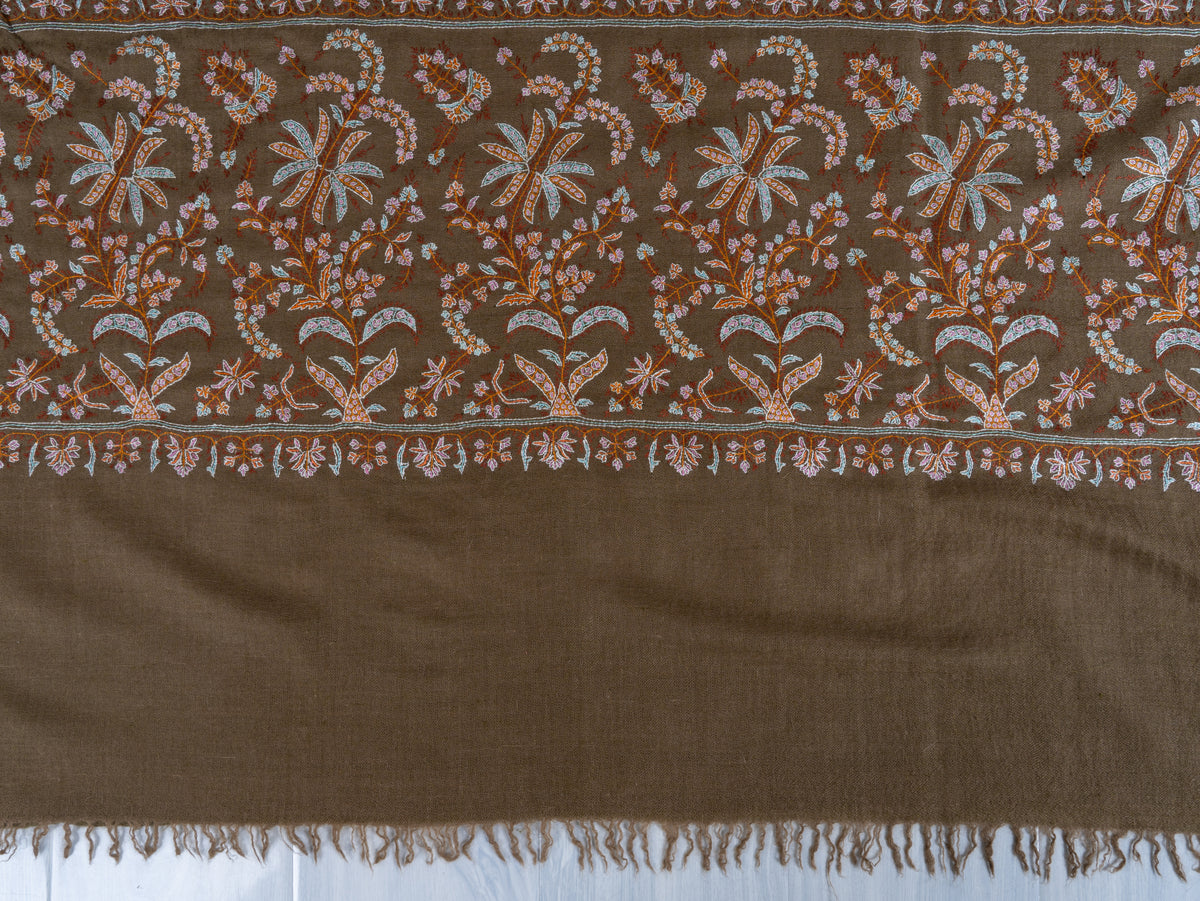 2.5 Yards Pure Pashmina Shawl with Sozni Hand Embroidered Floral Borders