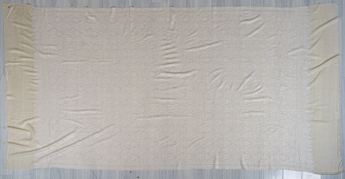 3 yards Pure Pashmina Shawl with Sozni Hand Embroidered Tonal Floral Elegance
