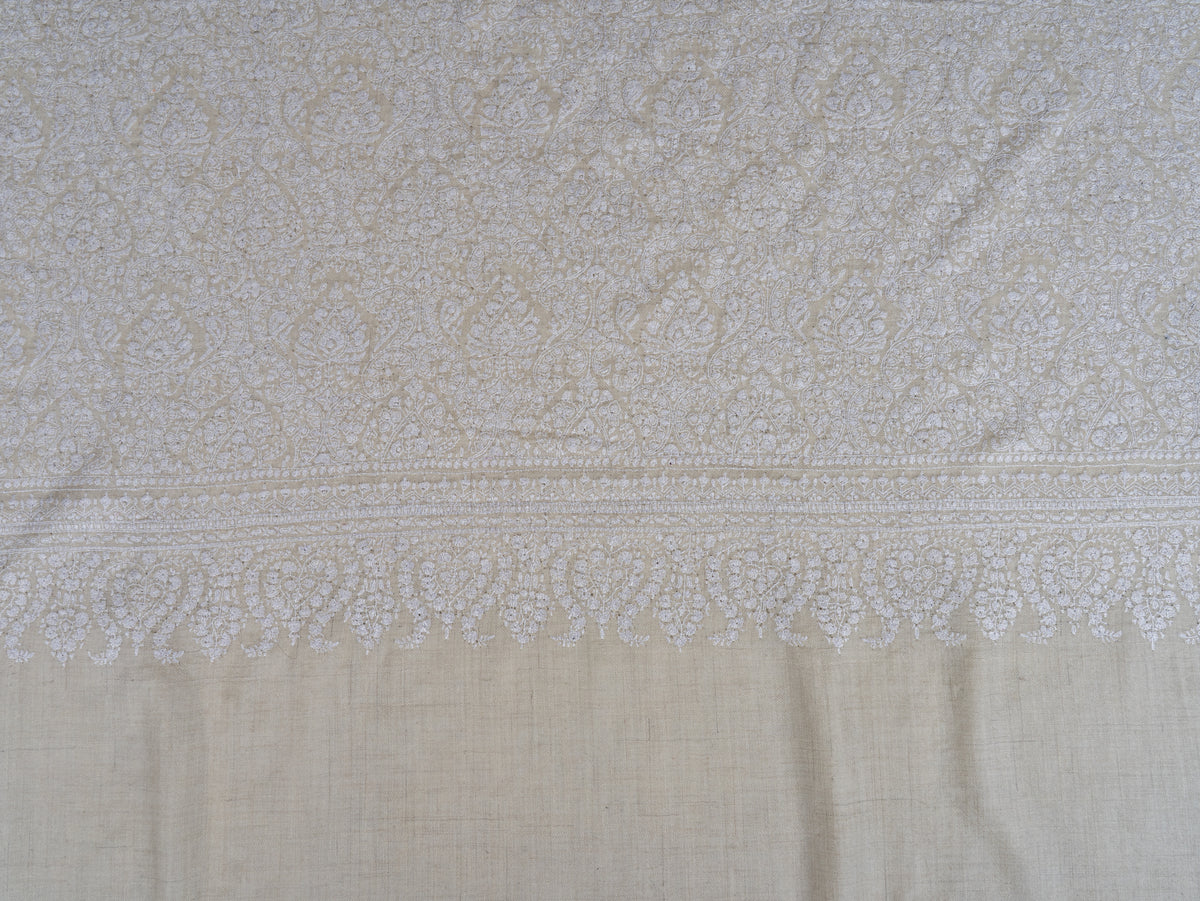 3 yards Pure Pashmina Shawl with Sozni Hand Embroidered Tonal Floral Elegance