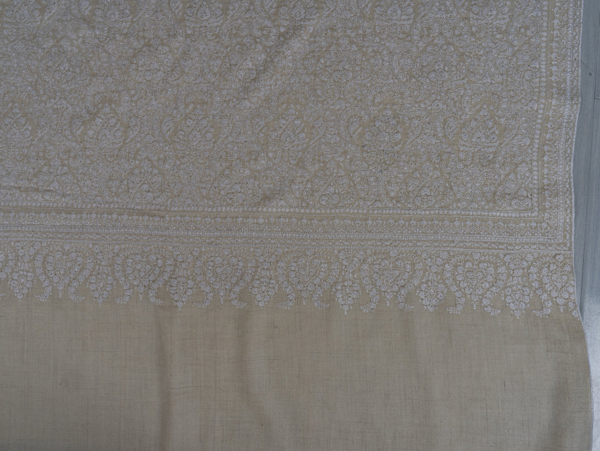 3 yards Pure Pashmina Shawl with Sozni Hand Embroidered Tonal Floral Elegance