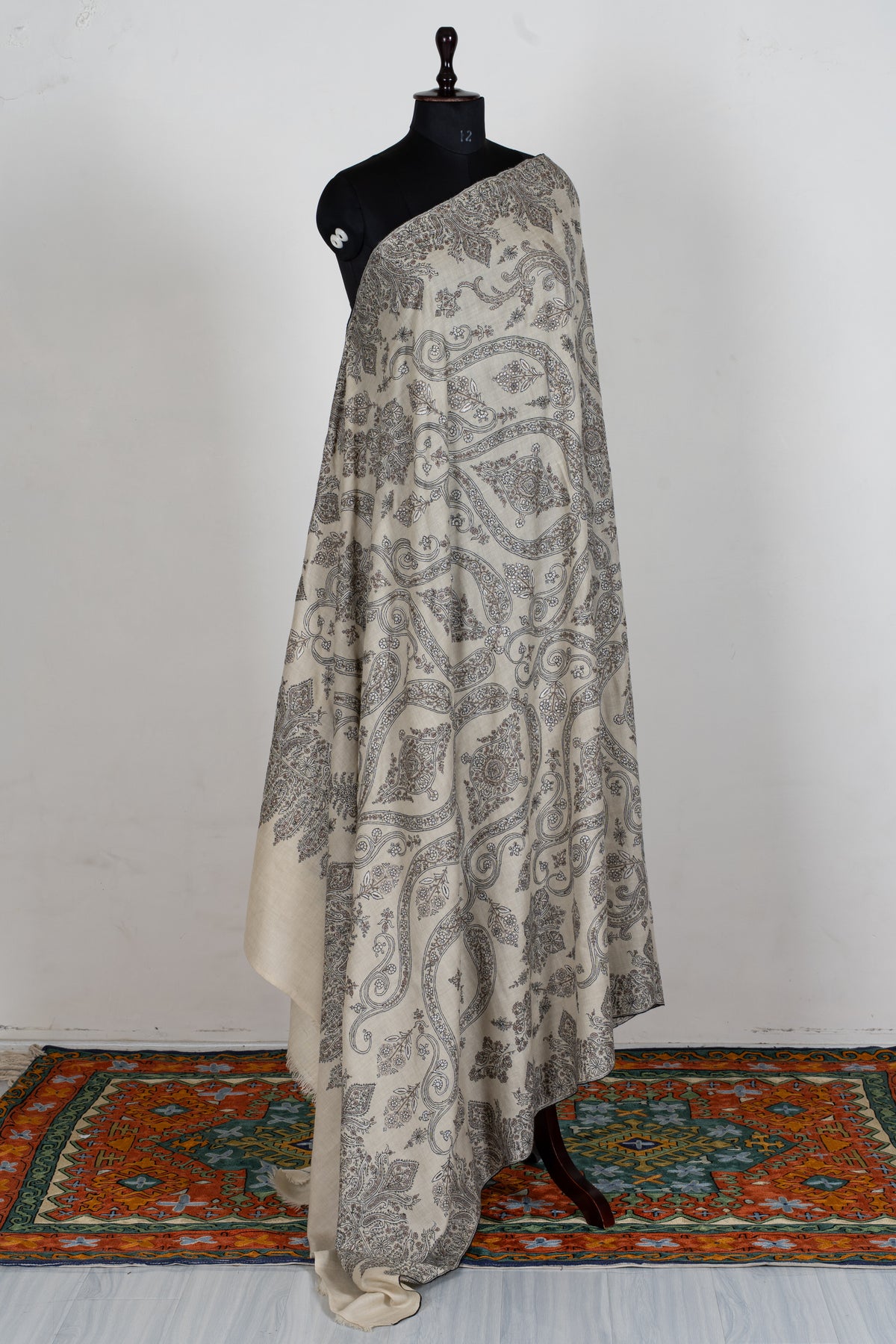 3 Yards Pure Pashmina Shawl with Sozni Hand Embroidered Ornamental Paisley Vines