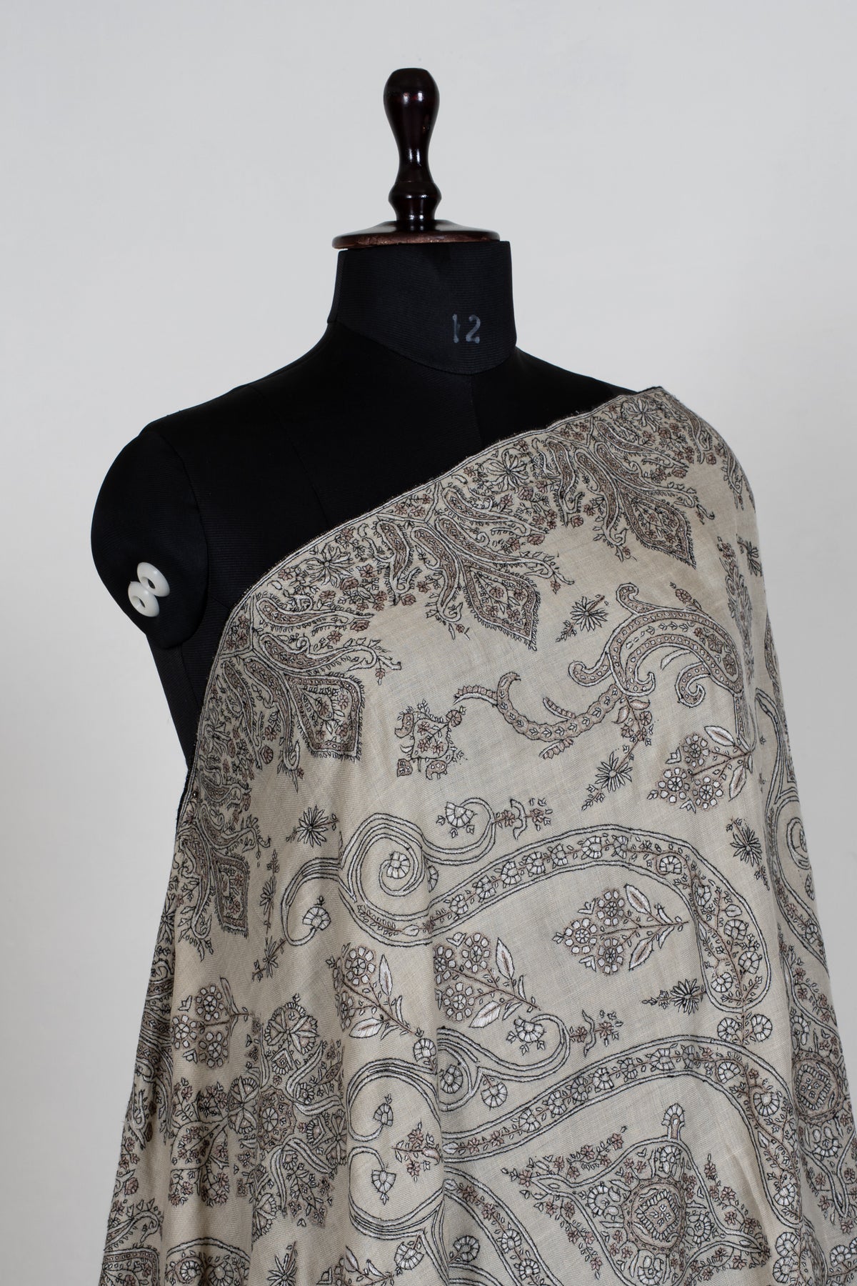 3 Yards Pure Pashmina Shawl with Sozni Hand Embroidered Ornamental Paisley Vines