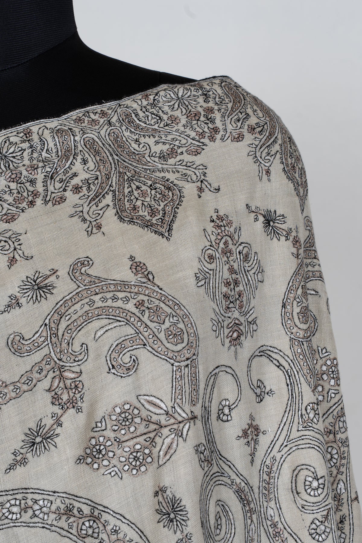 3 Yards Pure Pashmina Shawl with Sozni Hand Embroidered Ornamental Paisley Vines