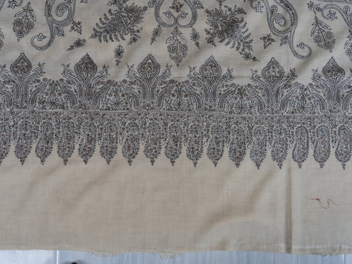 3 Yards Pure Pashmina Shawl with Sozni Hand Embroidered Ornamental Paisley Vines