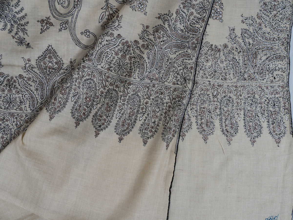 3 Yards Pure Pashmina Shawl with Sozni Hand Embroidered Ornamental Paisley Vines