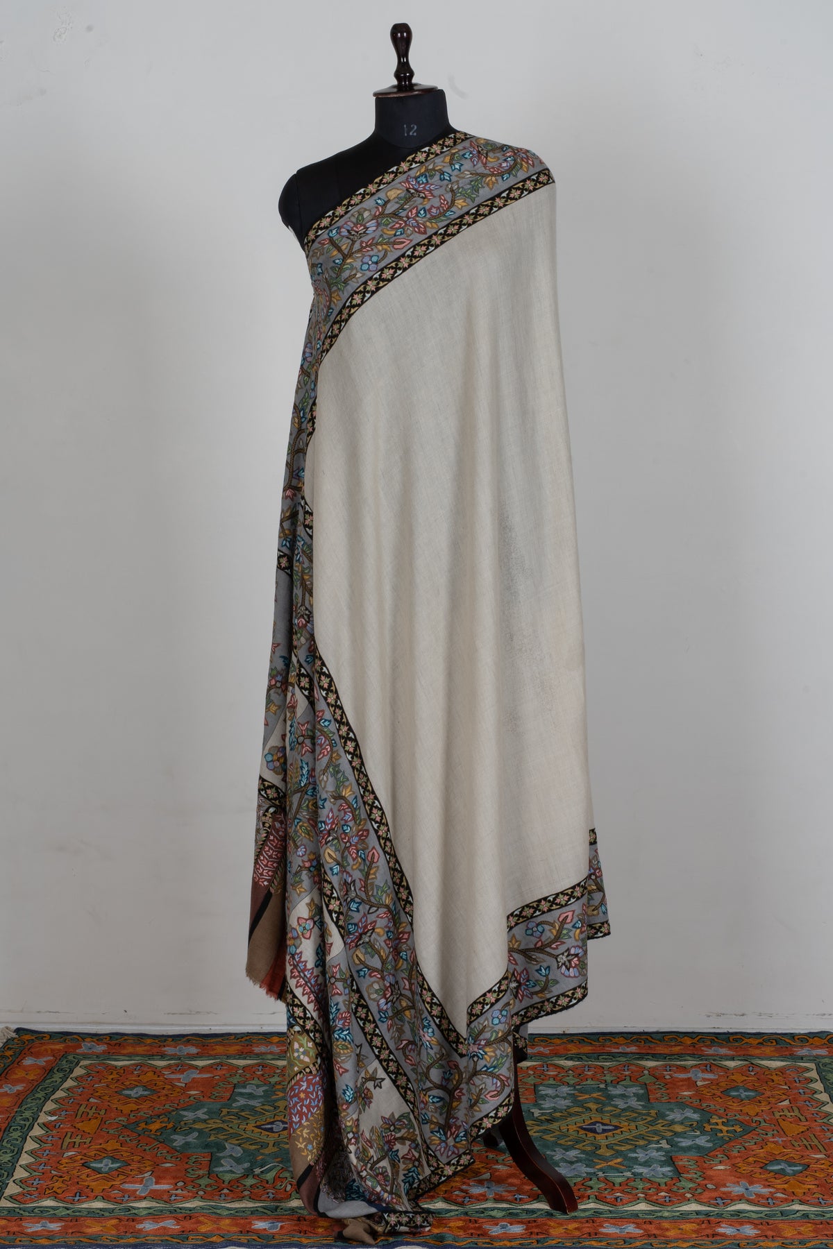 3 yards Pure Pashmina Shawl with Aari Hand Embroidered Multicoloured Floral Borders