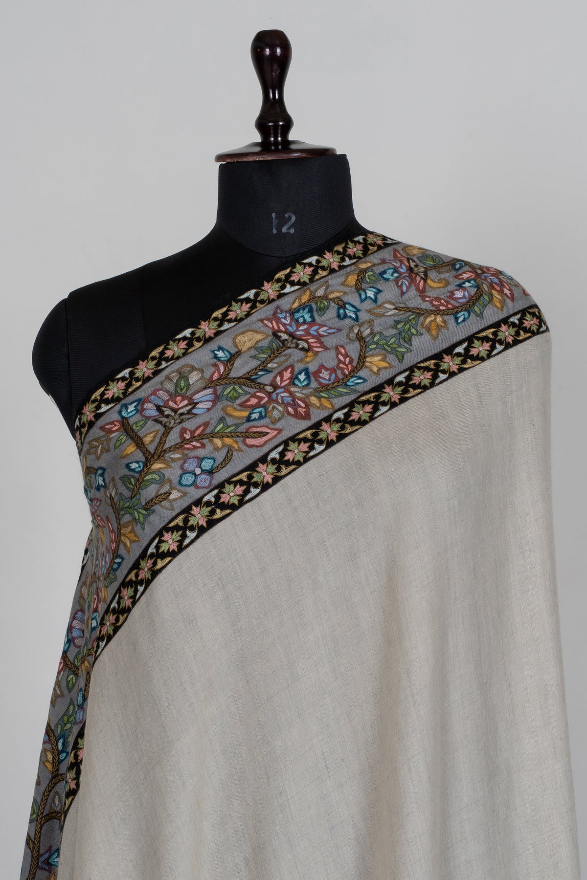 3 yards Pure Pashmina Shawl with Aari Hand Embroidered Multicoloured Floral Borders