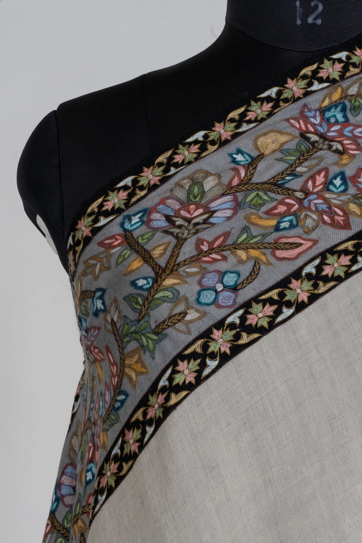 3 yards Pure Pashmina Shawl with Aari Hand Embroidered Multicoloured Floral Borders