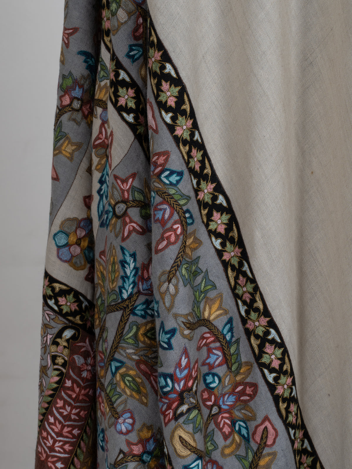 3 yards Pure Pashmina Shawl with Aari Hand Embroidered Multicoloured Floral Borders