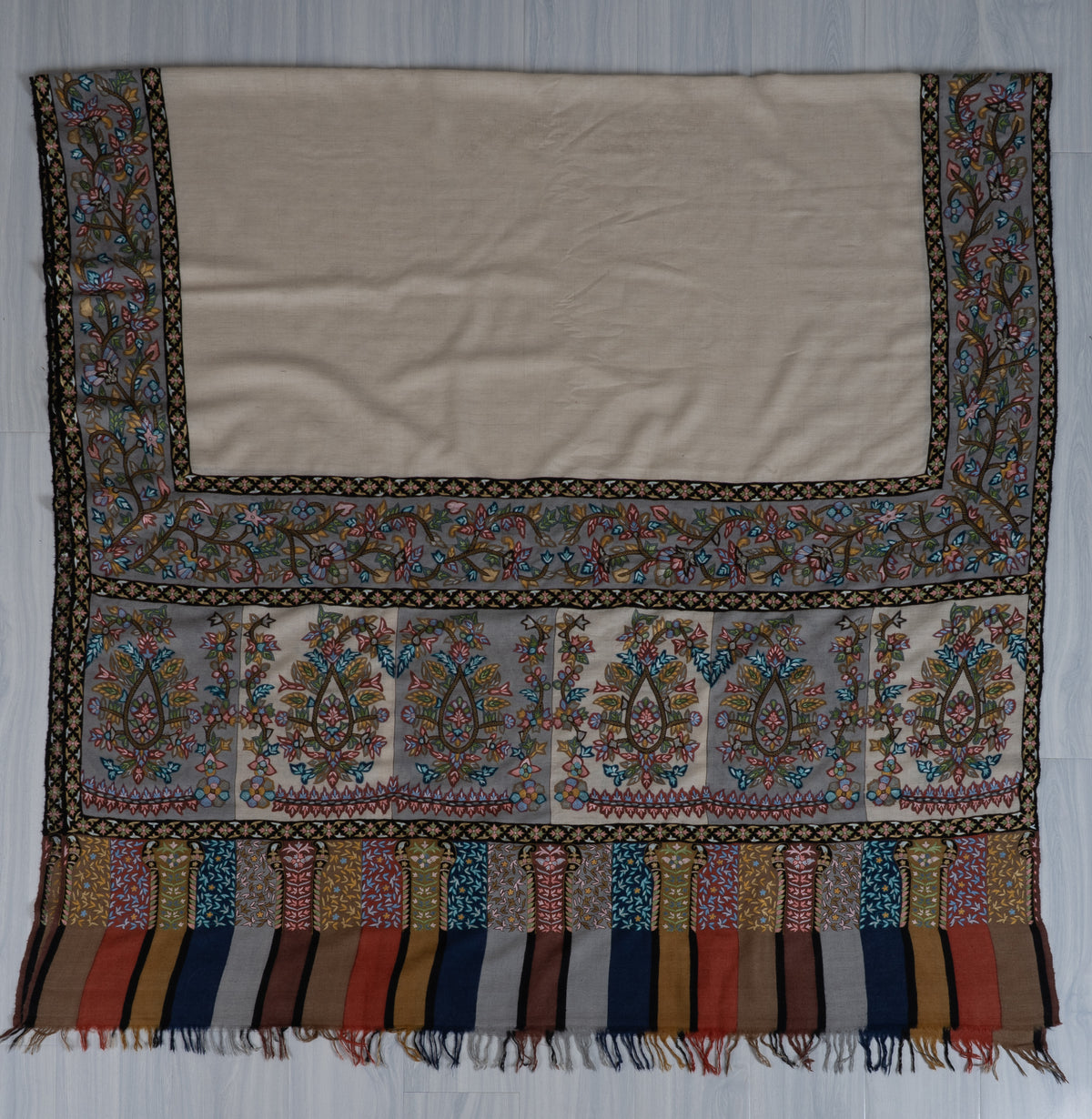 3 yards Pure Pashmina Shawl with Aari Hand Embroidered Multicoloured Floral Borders