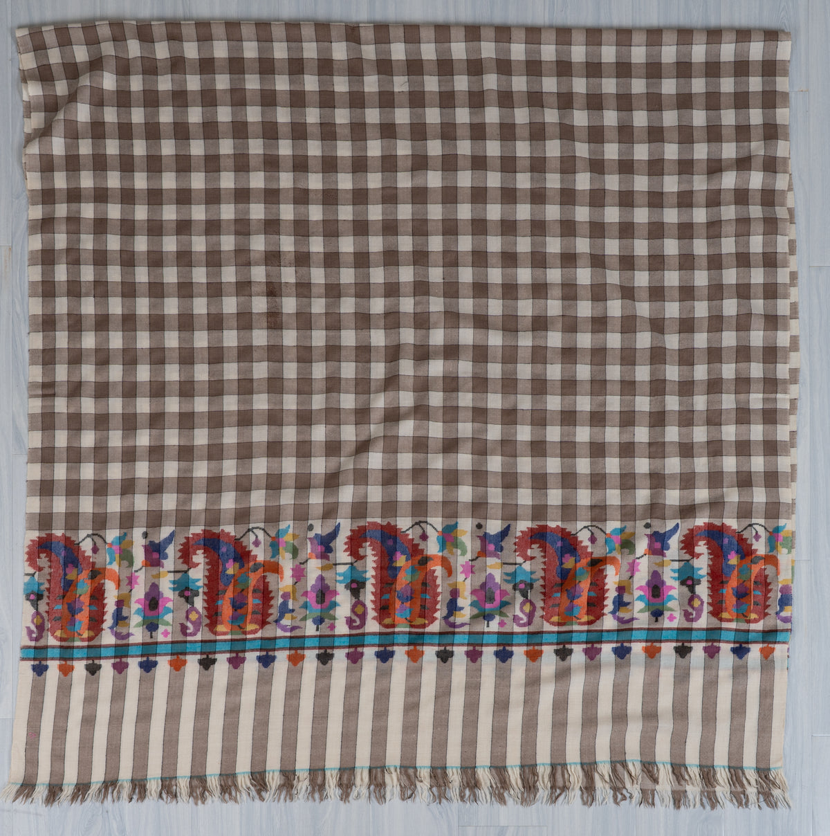 3 yards Mocha Checkered Kani Pure Pashmina Shawl with Colourful Floral Accents