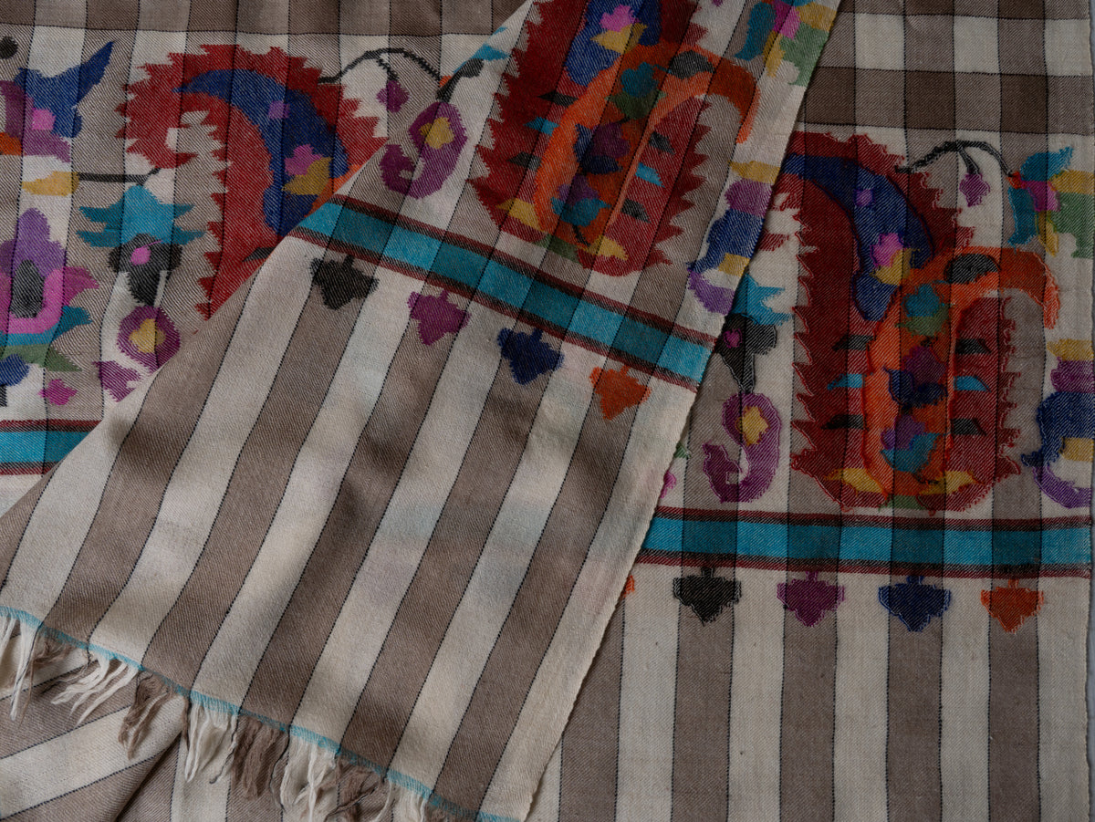3 yards Mocha Checkered Kani Pure Pashmina Shawl with Colourful Floral Accents
