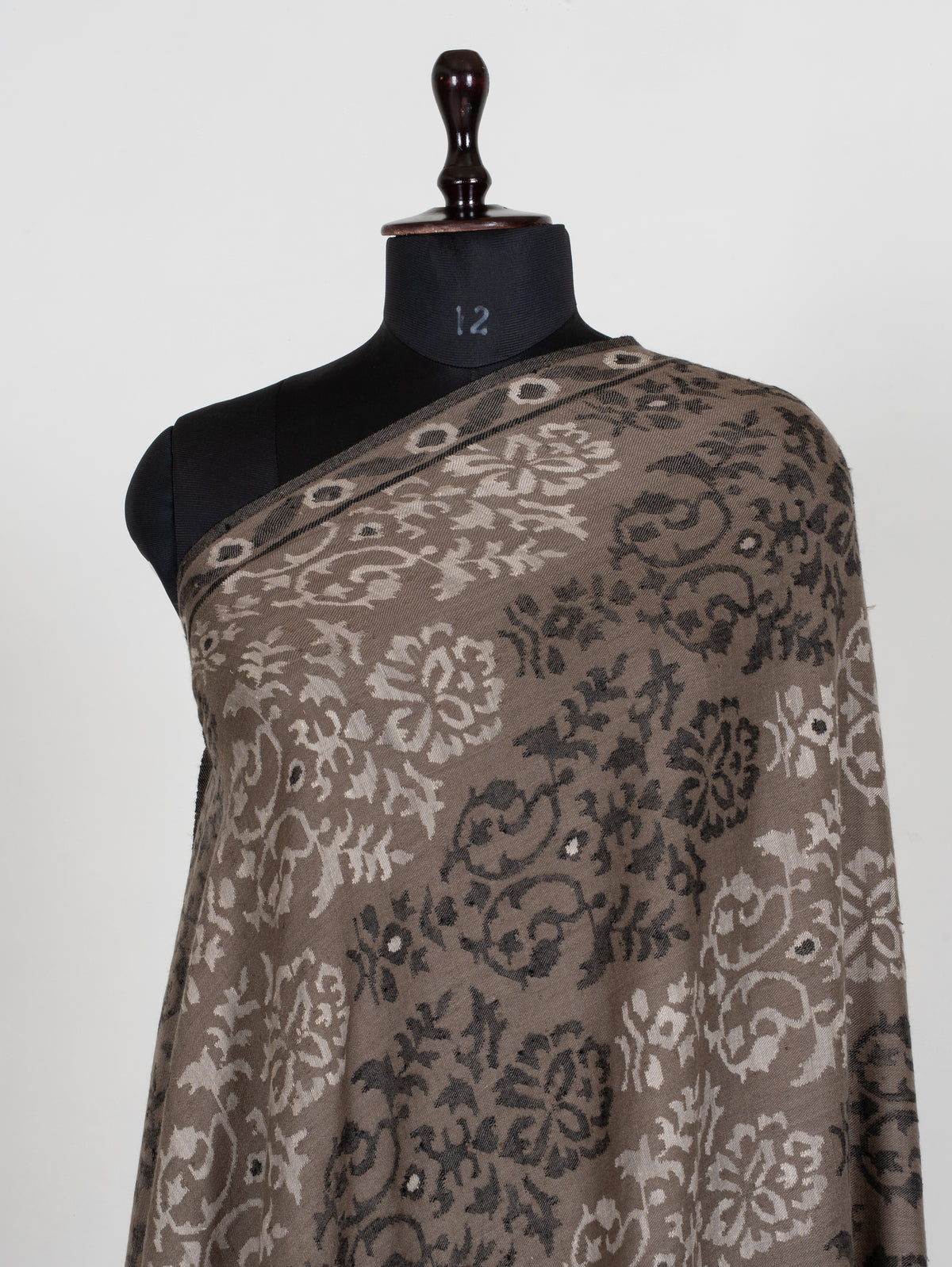 3 yards Pure Pashmina Kani Shawl with Charcoal and Ivory Florals