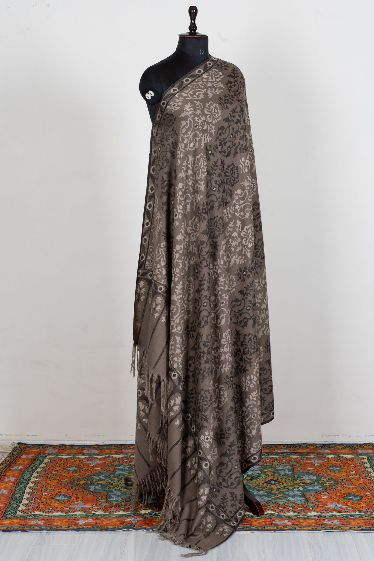3 yards Pure Pashmina Kani Shawl with Charcoal and Ivory Florals