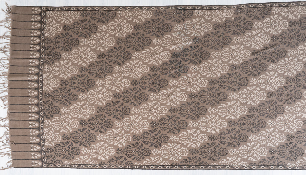 3 yards Pure Pashmina Kani Shawl with Charcoal and Ivory Florals