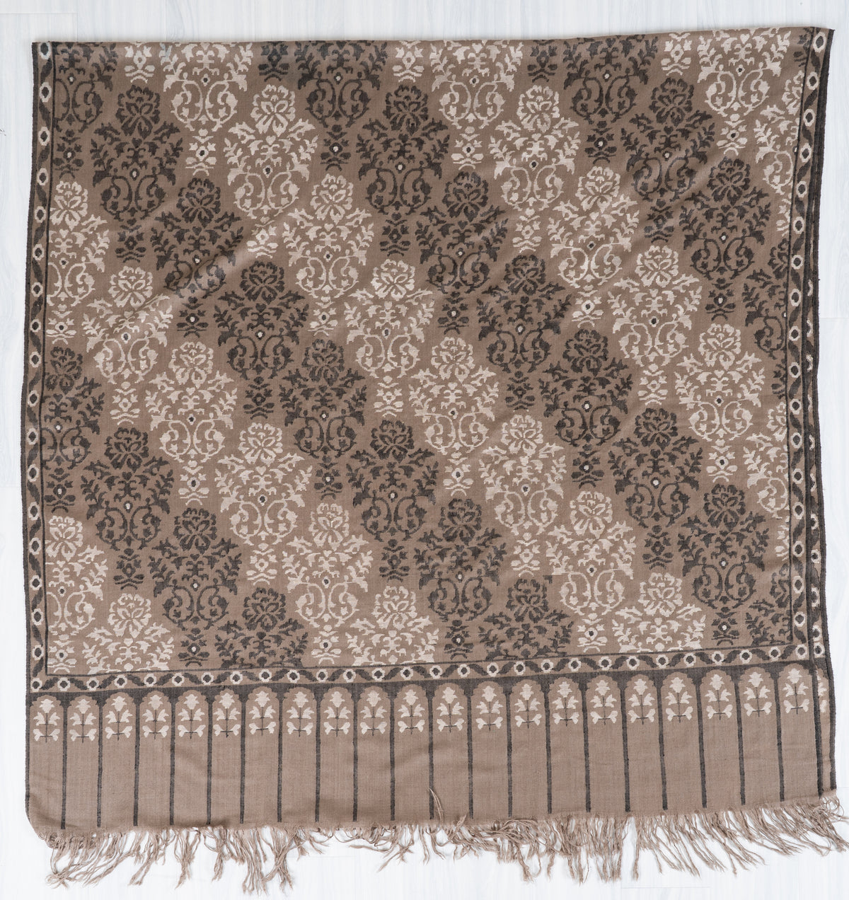 3 yards Pure Pashmina Kani Shawl with Charcoal and Ivory Florals