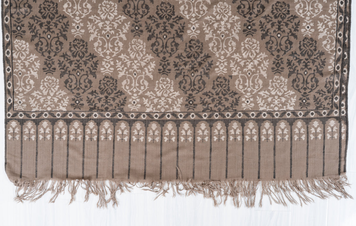 3 yards Pure Pashmina Kani Shawl with Charcoal and Ivory Florals