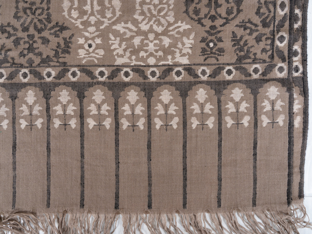 3 yards Pure Pashmina Kani Shawl with Charcoal and Ivory Florals
