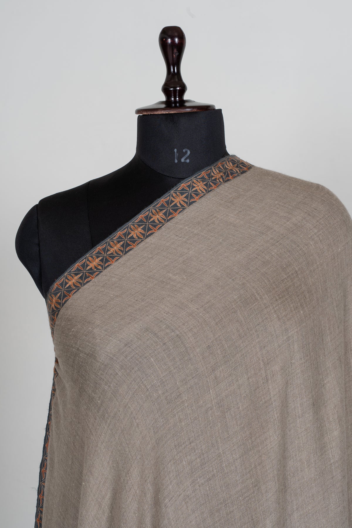 3 yards Pure Pashmina Shawl with Aari Hand Embroidered Geometric Floral Borders
