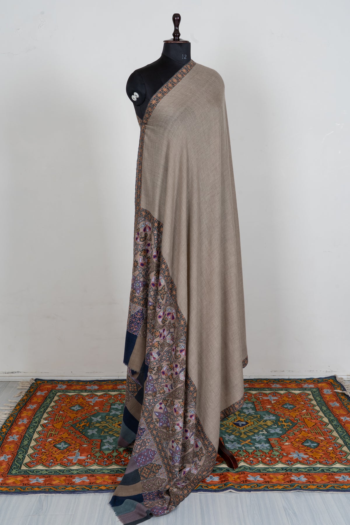 3 yards Pure Pashmina Shawl with Aari Hand Embroidered Geometric Floral Borders