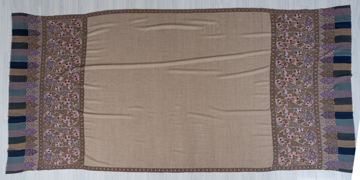3 yards Pure Pashmina Shawl with Aari Hand Embroidered Geometric Floral Borders