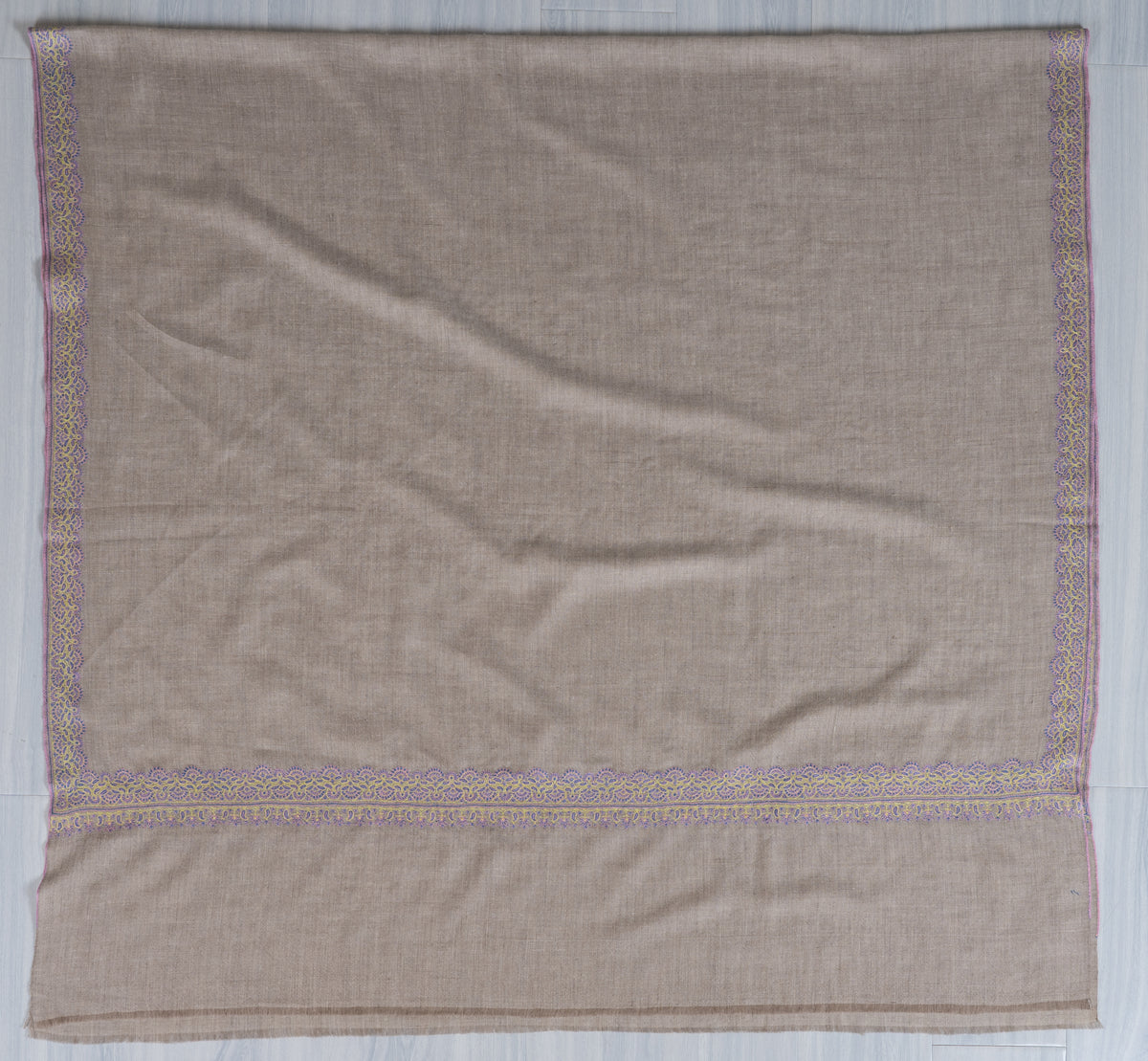 2.5 yards Pure Pashmina Shawl with Sozni Hand Embroidered Delicate Lace Borders