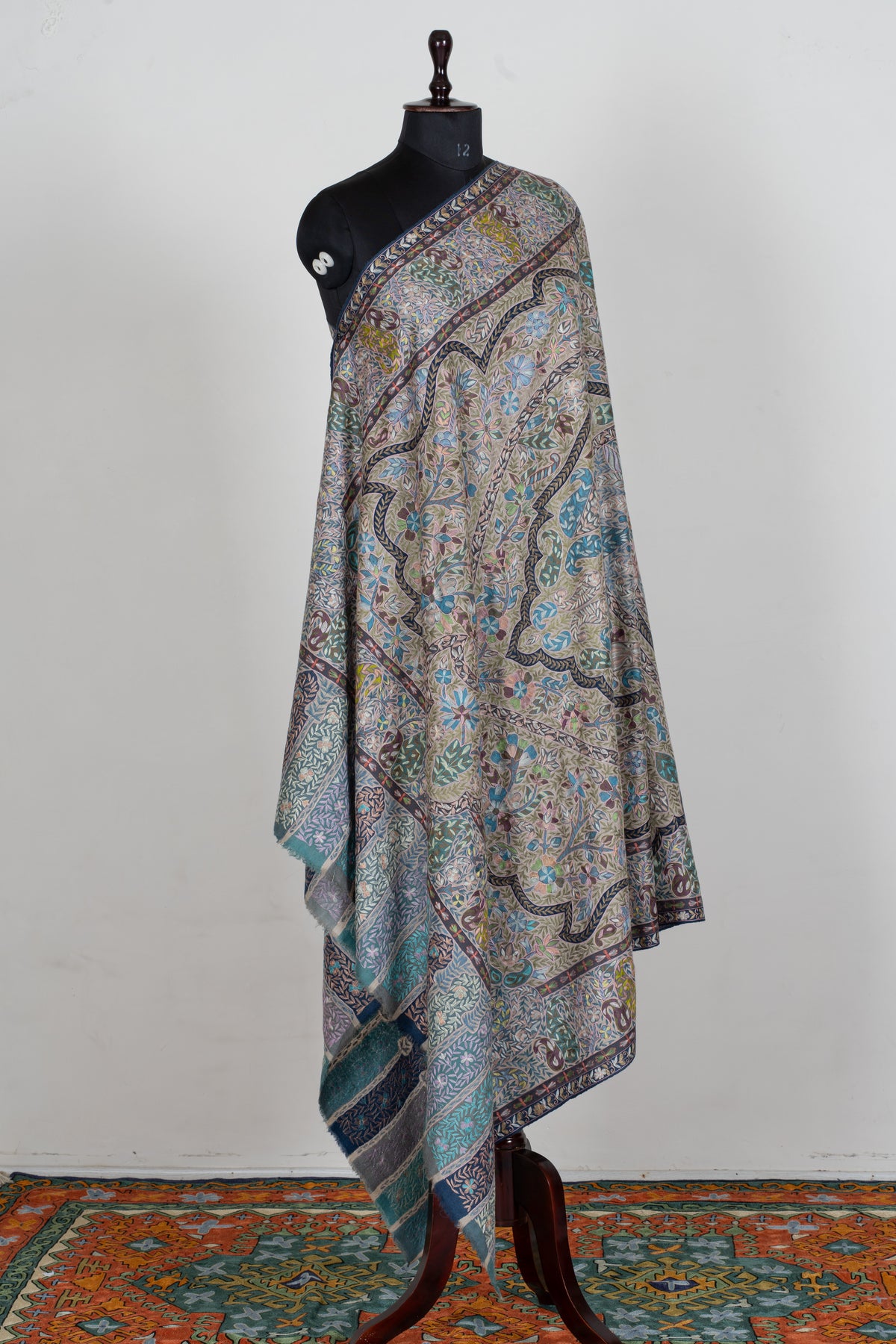 2.5 yards kalamkari Pure Pashmina Shawl with Aari Hand Embroidered Intricate Paisley Tapestry