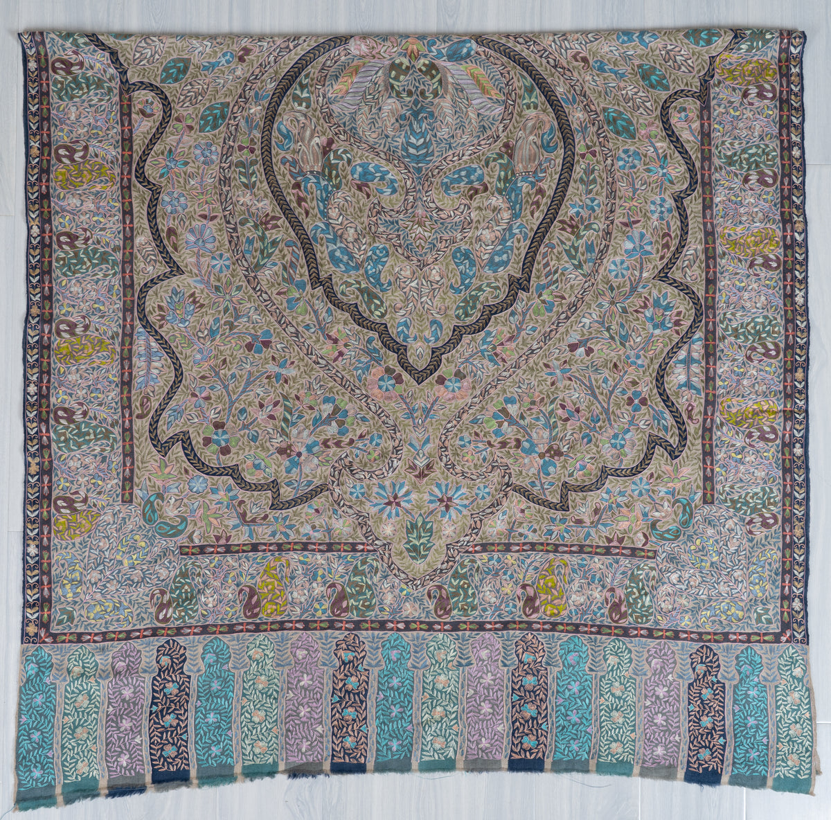 2.5 yards kalamkari Pure Pashmina Shawl with Aari Hand Embroidered Intricate Paisley Tapestry