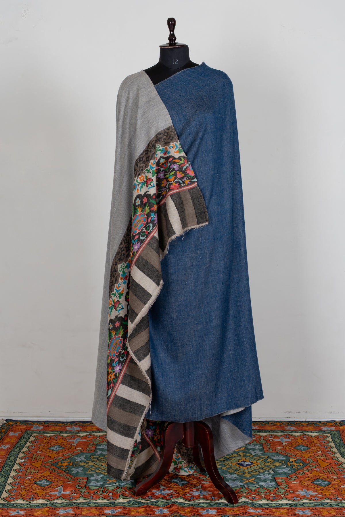 3 yards Reversible Pure Pashmina Shawl with Kani Woven Floral Borders in Denim Blue and Silver Grey