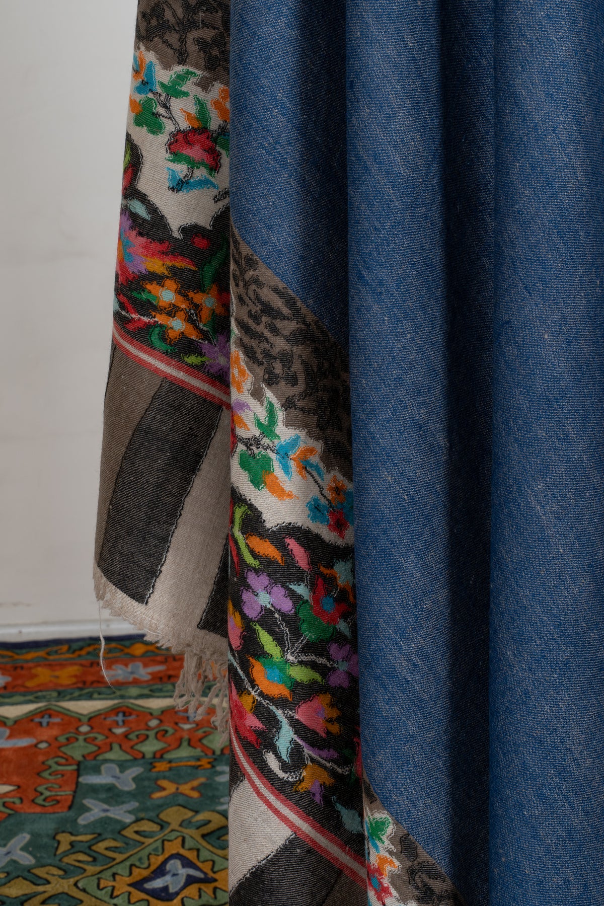 3 yards Reversible Pure Pashmina Shawl with Kani Woven Floral Borders in Denim Blue and Silver Grey