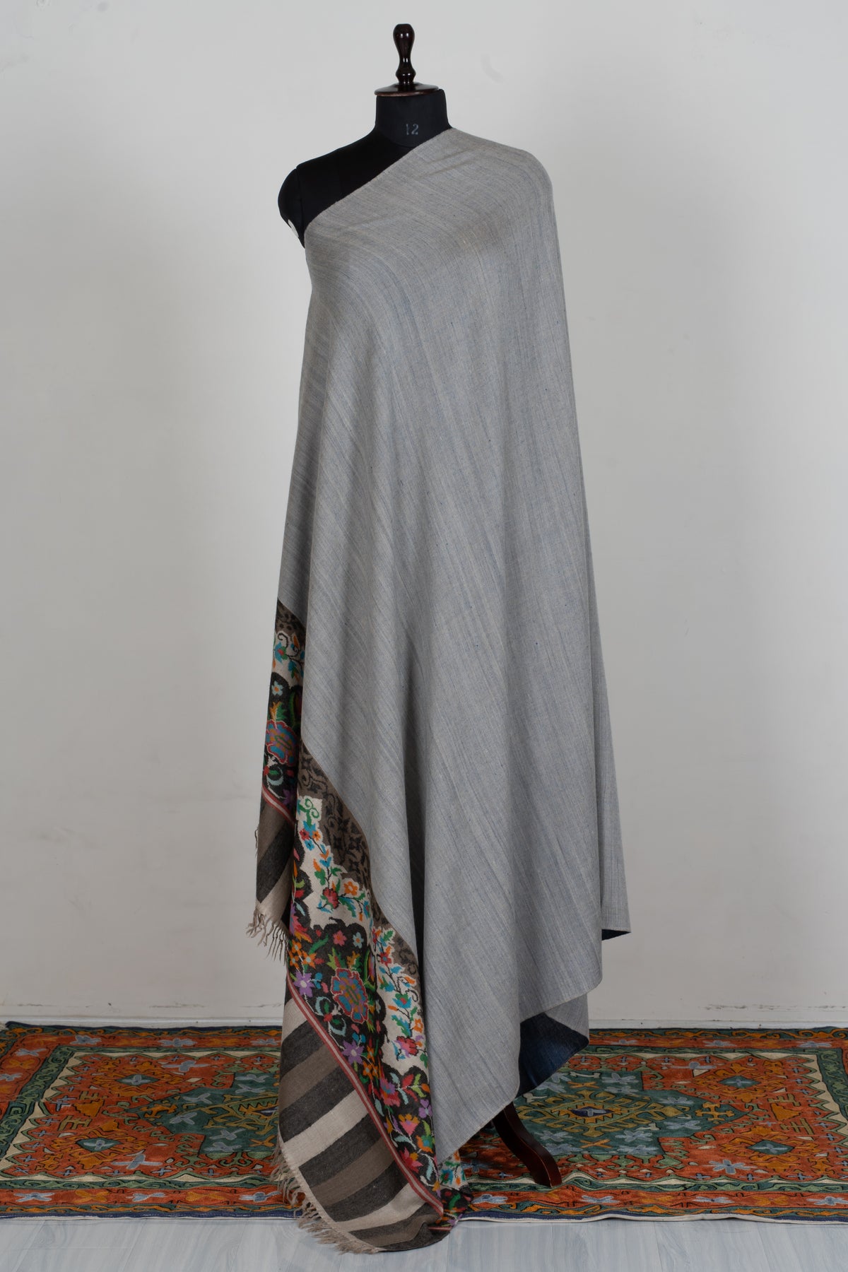 3 yards Reversible Pure Pashmina Shawl with Kani Woven Floral Borders in Denim Blue and Silver Grey