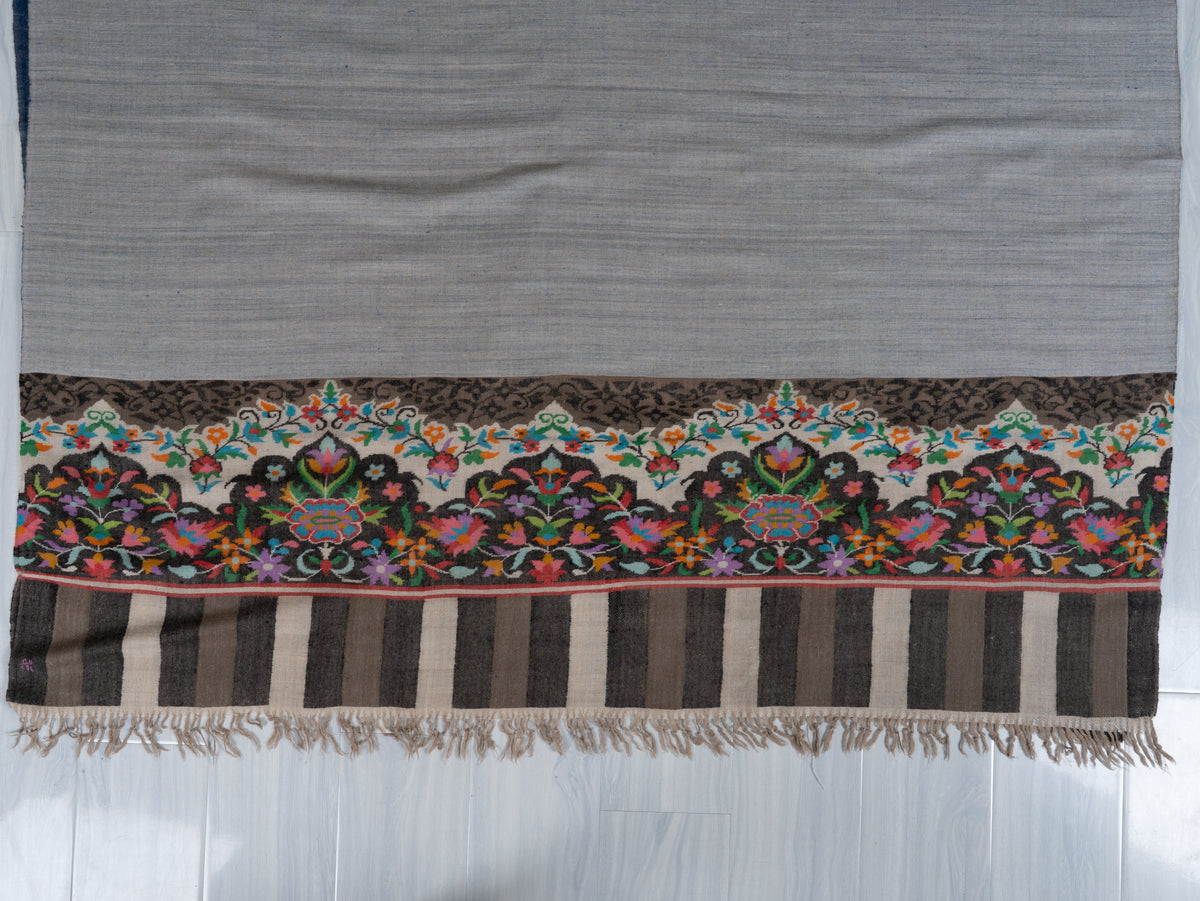 3 yards Reversible Pure Pashmina Shawl with Kani Woven Floral Borders in Denim Blue and Silver Grey
