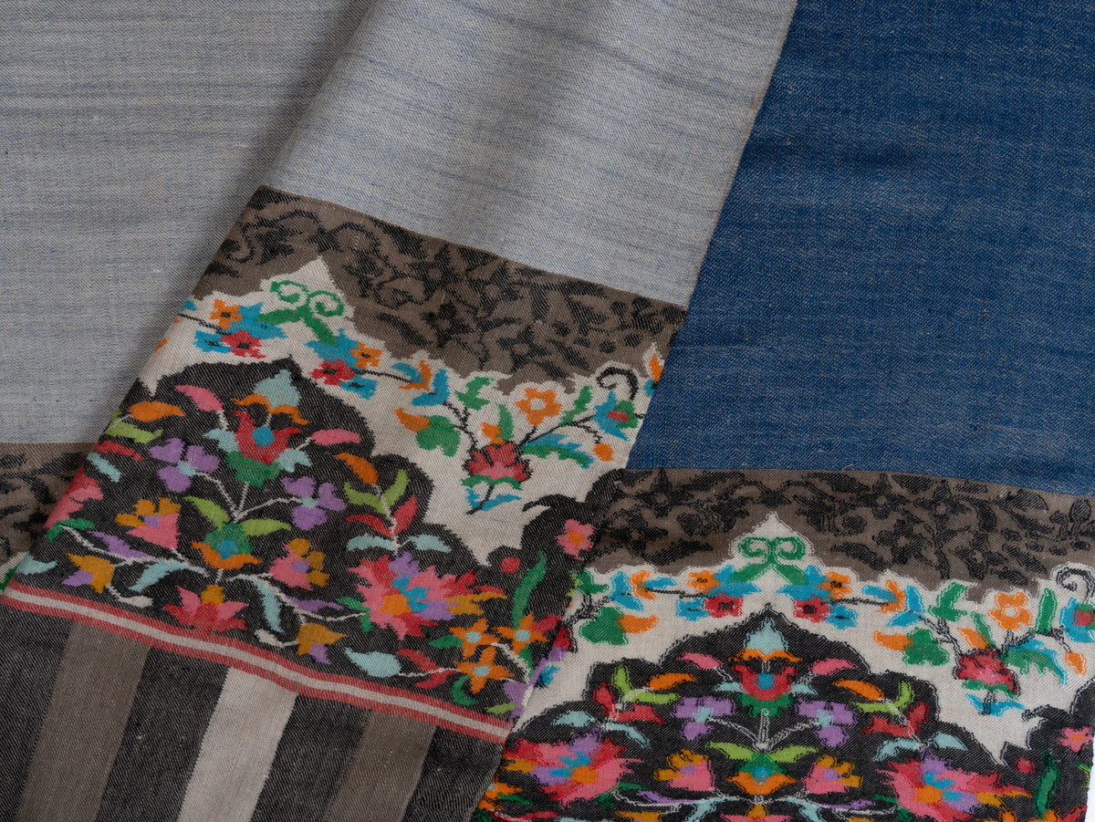 3 yards Reversible Pure Pashmina Shawl with Kani Woven Floral Borders in Denim Blue and Silver Grey