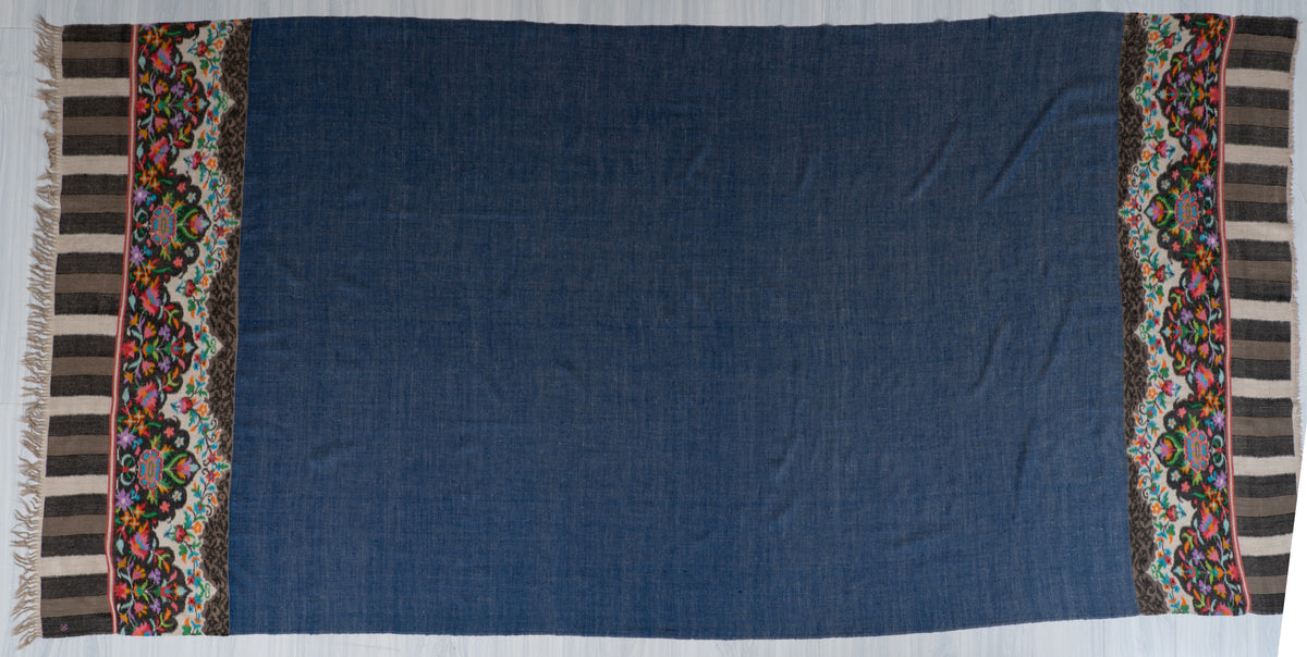 3 yards Reversible Pure Pashmina Shawl with Kani Woven Floral Borders in Denim Blue and Silver Grey