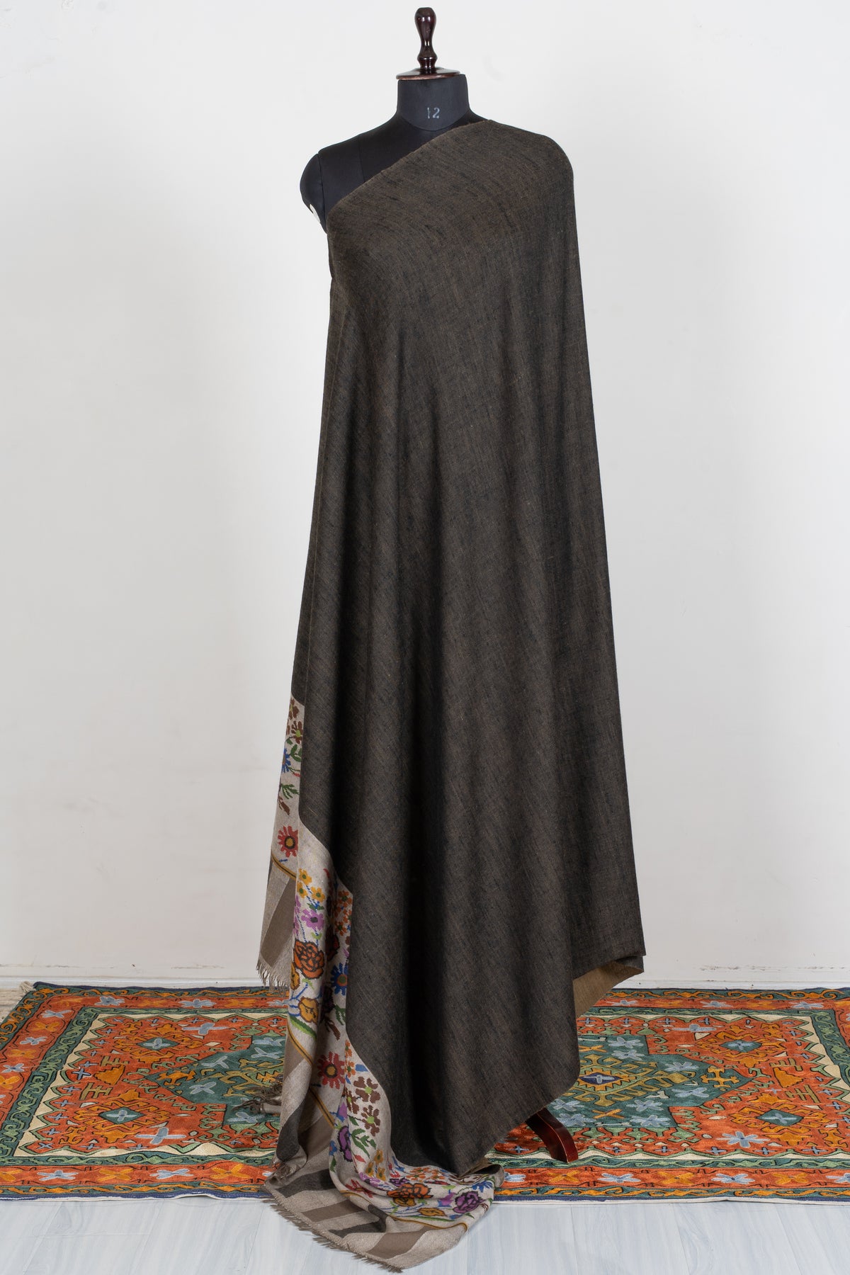 3 yards Reversible Pure Pashmina Shawl with Kani Woven Floral Borders in Camel Brown and Charcoal Grey