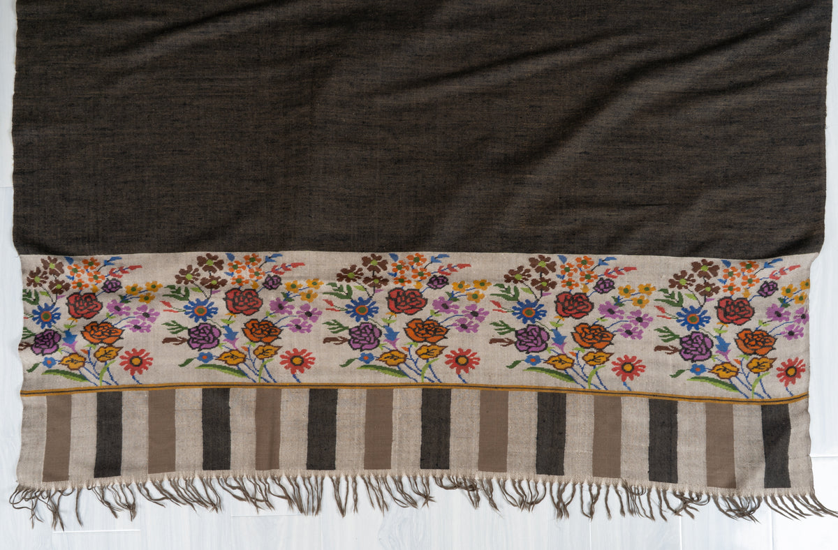 3 yards Reversible Pure Pashmina Shawl with Kani Woven Floral Borders in Camel Brown and Charcoal Grey