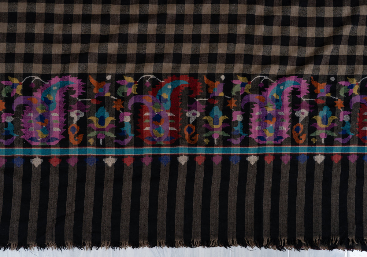 3 Yards Classic Noir Pure Pashmina Shawl with Sozni Hand Embroidered Vibrant Floral Highlights