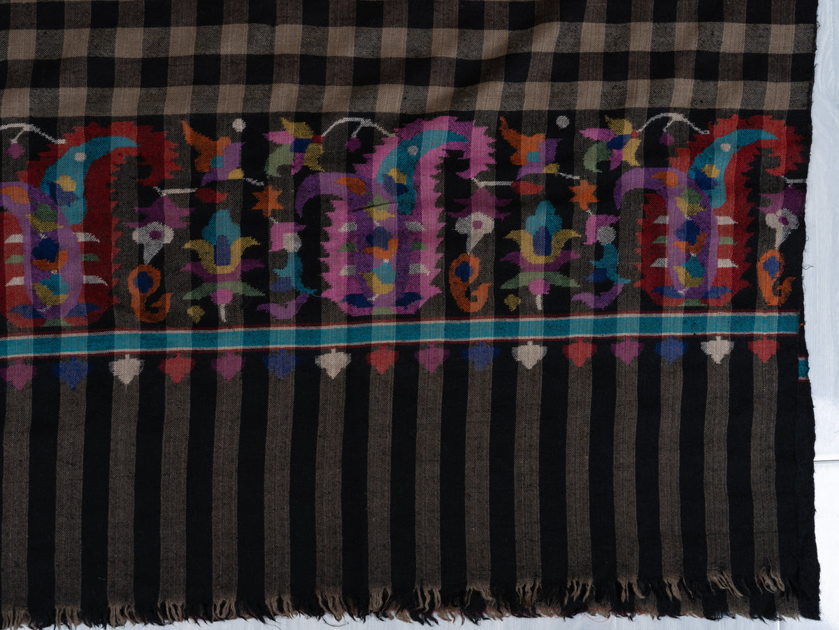 3 Yards Classic Noir Pure Pashmina Shawl with Sozni Hand Embroidered Vibrant Floral Highlights