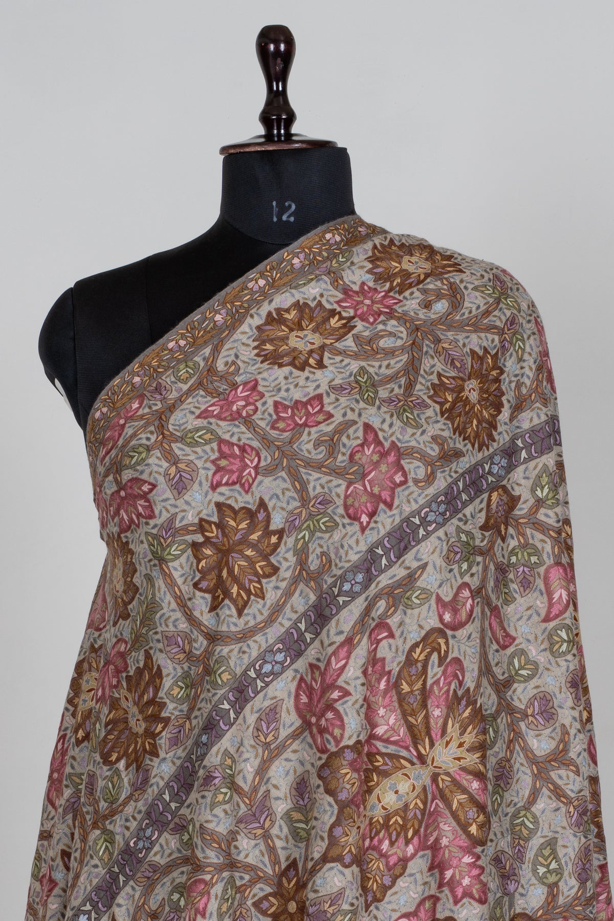 3 Yards Kalamkari Pure Pashmina Shawl with Aari Hand Embroidered Floral Tapestry