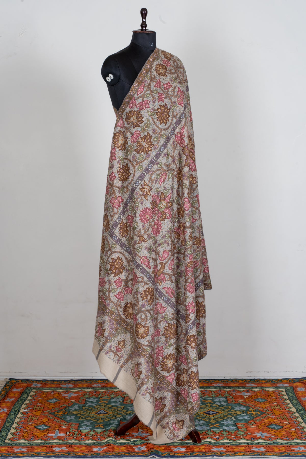 3 Yards Kalamkari Pure Pashmina Shawl with Aari Hand Embroidered Floral Tapestry