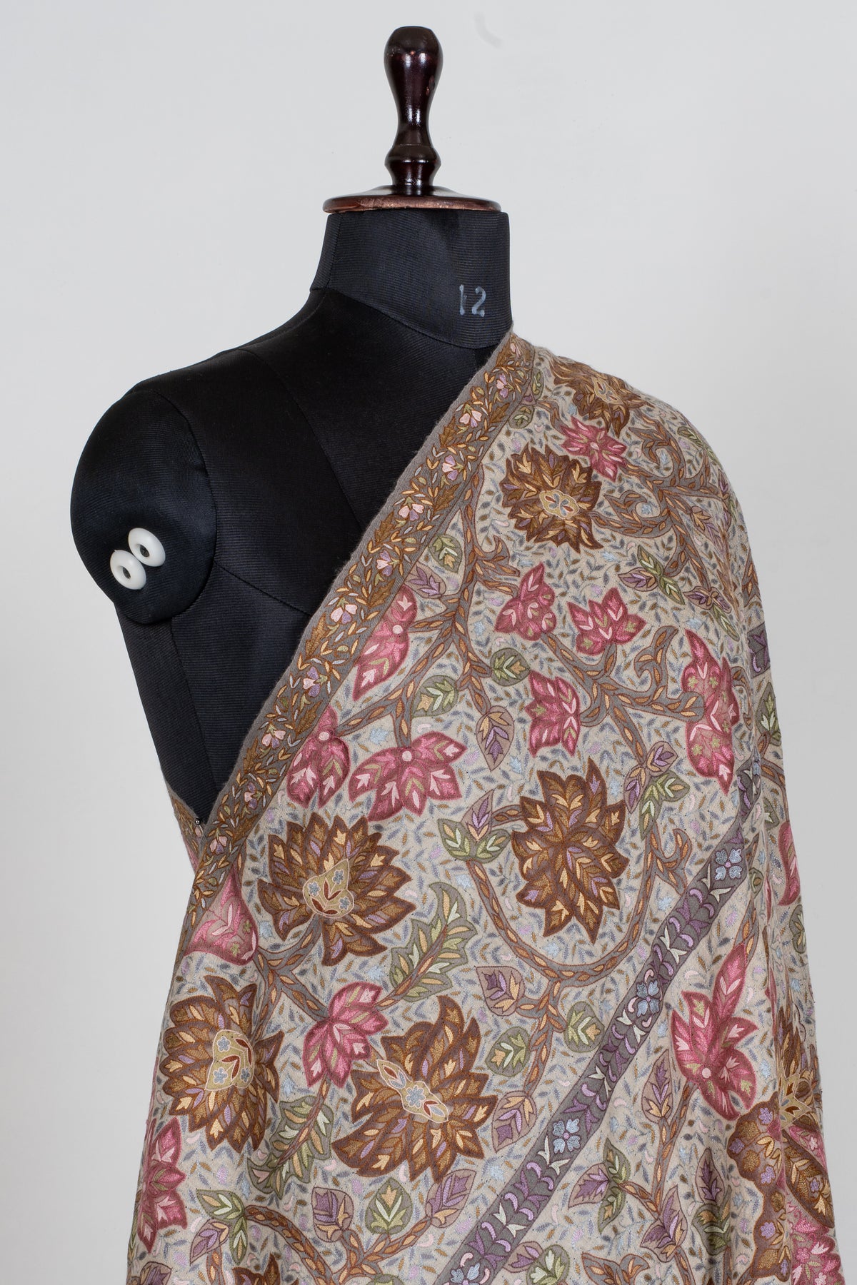 3 Yards Kalamkari Pure Pashmina Shawl with Aari Hand Embroidered Floral Tapestry