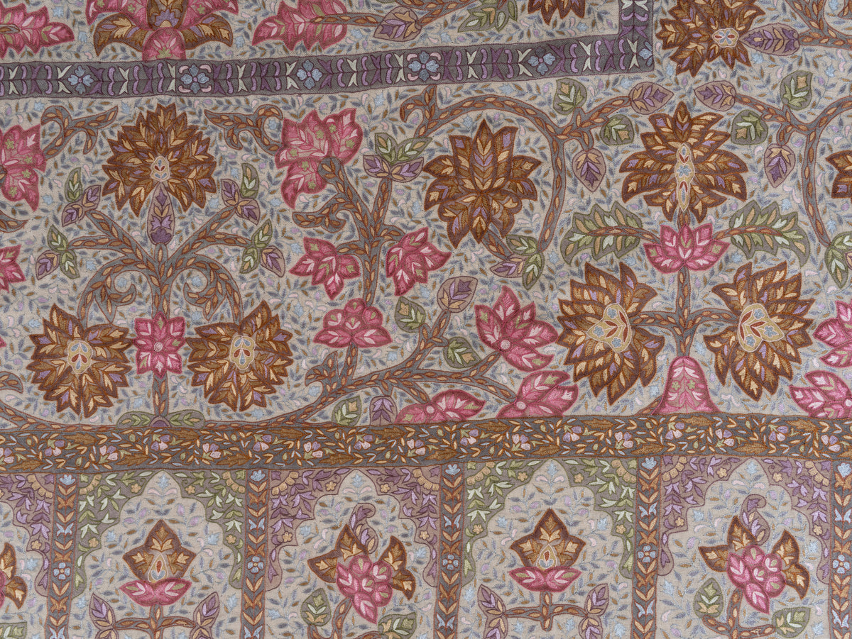 3 Yards Kalamkari Pure Pashmina Shawl with Aari Hand Embroidered Floral Tapestry