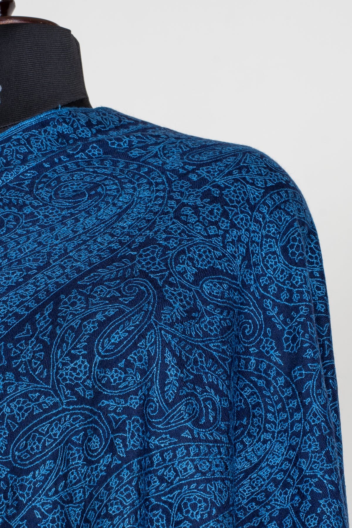 3 yards Royal Azure Pure Pashmina Shawl with Sozni Hand Embroidered Intricate Paisley Patterns