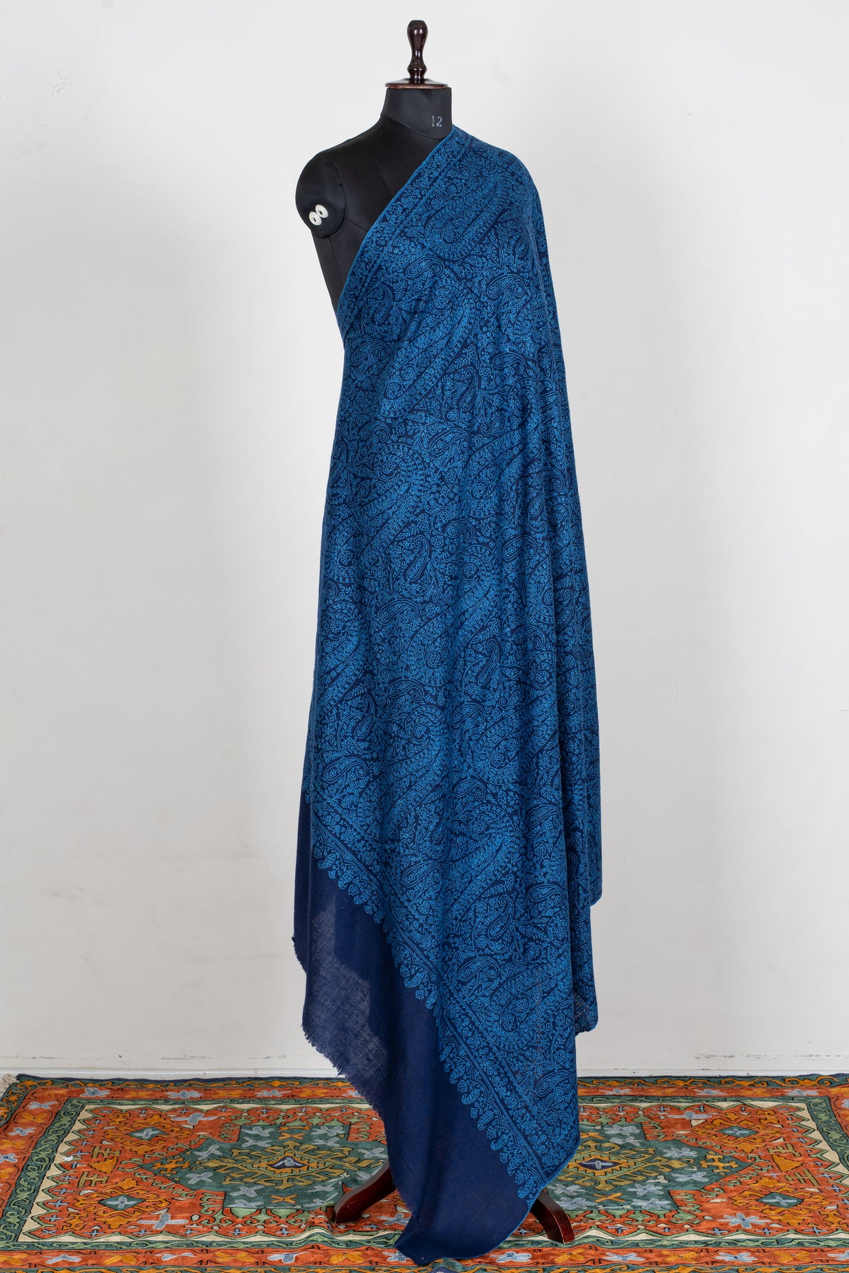 3 yards Royal Azure Pure Pashmina Shawl with Sozni Hand Embroidered Intricate Paisley Patterns