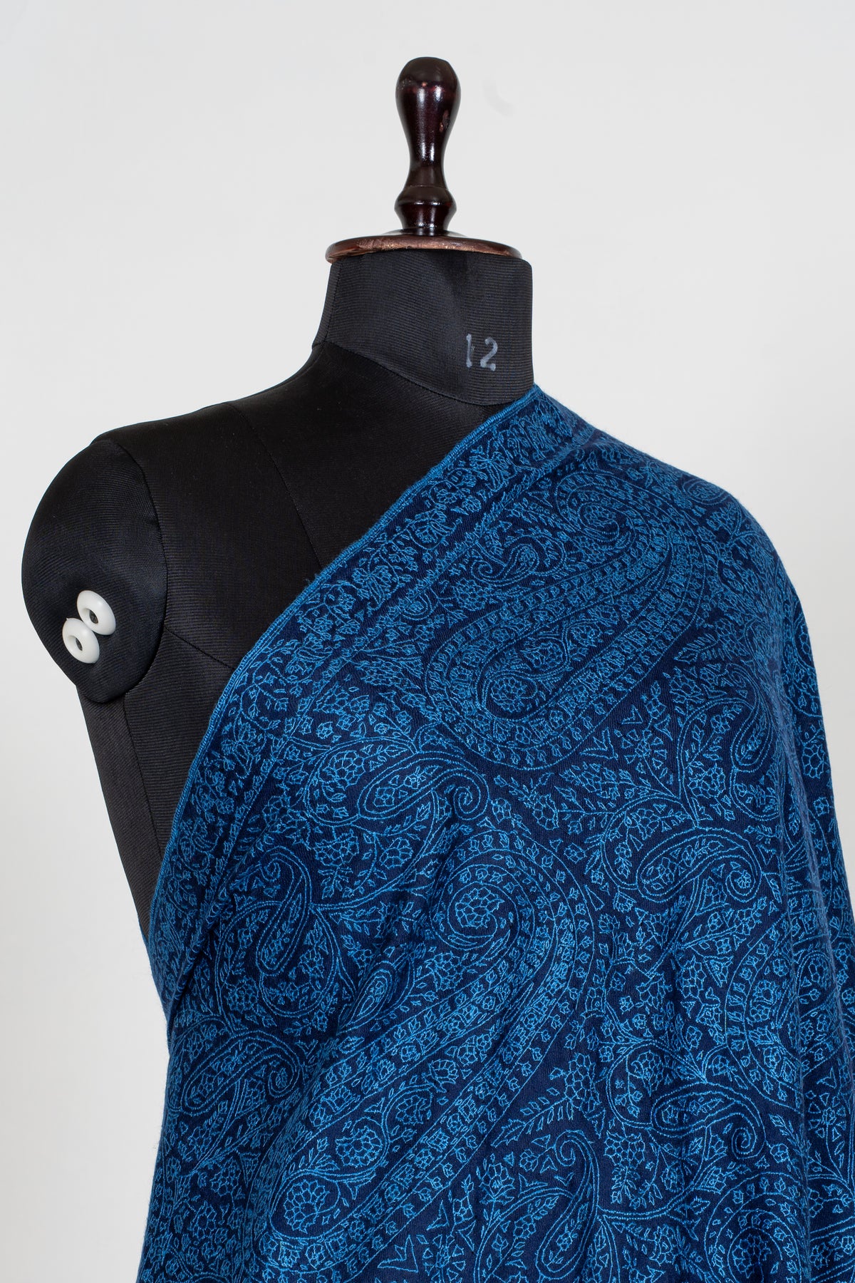 3 yards Royal Azure Pure Pashmina Shawl with Sozni Hand Embroidered Intricate Paisley Patterns